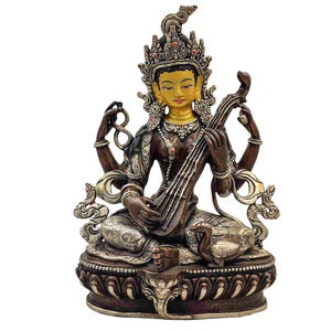 9-Inch Saraswati, Buddhist Handmade Statue, Silver And Chocolate Oxidized, Face Painted And High Quality