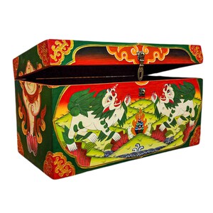 9-Inch Buddhist Wooden Box With Snow Lion, Tibetan Style With Traditional Colors