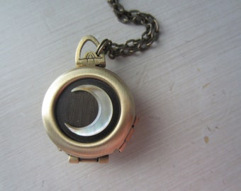 Moon locket, moon jewelry, celestial locket, celestial jewelry, engraved locket, photo in locket, locket photos, 4 photo locket