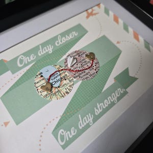 May include: Framed artwork with two map circles linked by red thread, each with a heart-shaped detail. The design is set against a light green and white backdrop, with the phrases "One day closer" and "One day stronger" displayed.