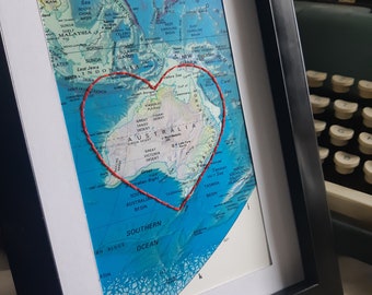 Vintage map, framed vintage map, Australia map, Vietnam map, Paris map, heart map, travel gift, vintage map gift, anniversary paper gift