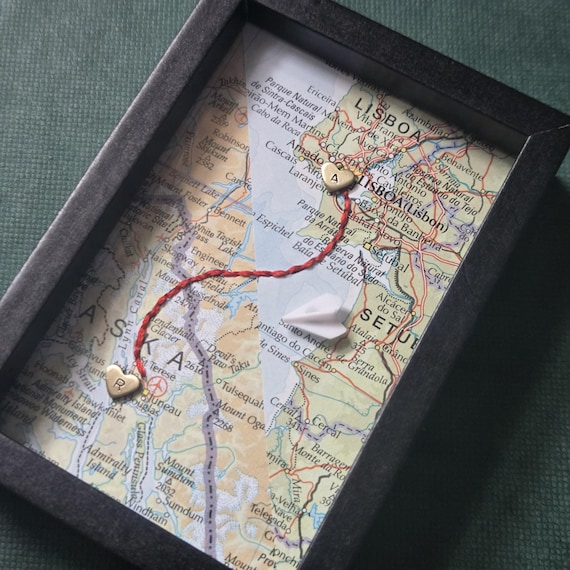 Custom Map Art, Long Distance Gift, Two Cities, Red String of Fate