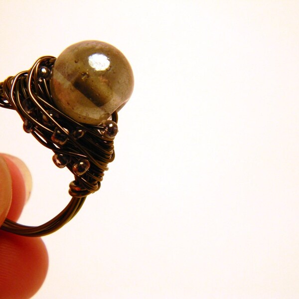 Smokey Gray Silver Glass Bead Gun Metal Wire Wrapped Ring