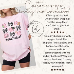 May include: A pale pink t-shirt with a design of axolotls, checkered bows, and school-related graphics. The text "teachalotl" is printed below the axolotl illustrations. The shirt is from the "Collections" brand.
