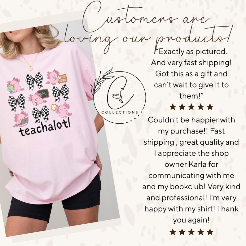 May include: A pale pink t-shirt with a design of axolotls, checkered bows, and school-related graphics. The text "teachalotl" is printed below the axolotl illustrations. The shirt is from the "Collections" brand.