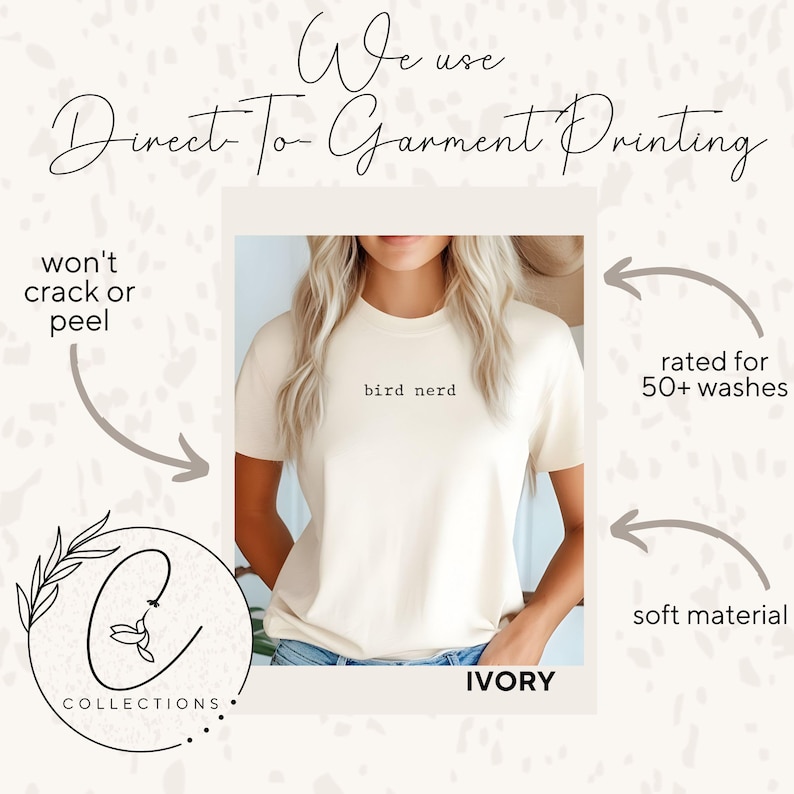 May include: Ivory t-shirt with the text "bird nerd" printed on the front. The shirt is made with a soft material and is rated for 50+ washes. Direct-to-garment printing is used for a high-quality, long-lasting design.