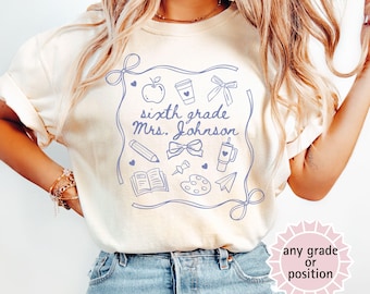 Personalized Sixth Grade Teacher Shirt, Comfort Colors Custom 6th Grade Doodle T-Shirt, Back to School Tee, New Teacher Gift, Coquette Bow