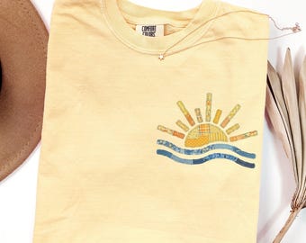 Summer Shirt, Faux Patchwork Beach Sweatshirt, Comfort Colors Vacation Tee, Sunshine Shirt, Vintage Beach Sun Shirt, Coastal Beachy Apparel
