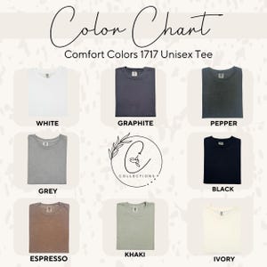 May include: Colour chart displaying ten different colours of unisex t-shirts. The colours are white, graphite, pepper, grey, espresso, khaki, ivory, black, navy, and heather grey.