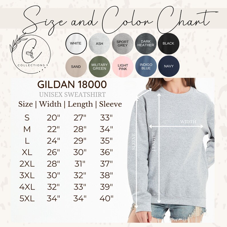 May include: A light gray Gildan 18000 unisex sweatshirt with a size and color chart. The chart shows available colors and measurements in inches for sizes S to 5XL. The sweatshirt is shown on a person.