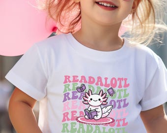 Cute Axolotl Kids Tshirt, Axolotl Reading Shirt, Axolotl Party, Book Lover Gift, Cute Shirt for Girls, Funny Girls Tshirt, Kids Reading Tee