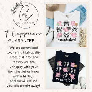May include: White and navy blue t-shirts featuring a cartoon axolotl design, checkered bows, and the text "teachalot!". The shirts are shown with jeans and shoes, suggesting a relaxed aesthetic.