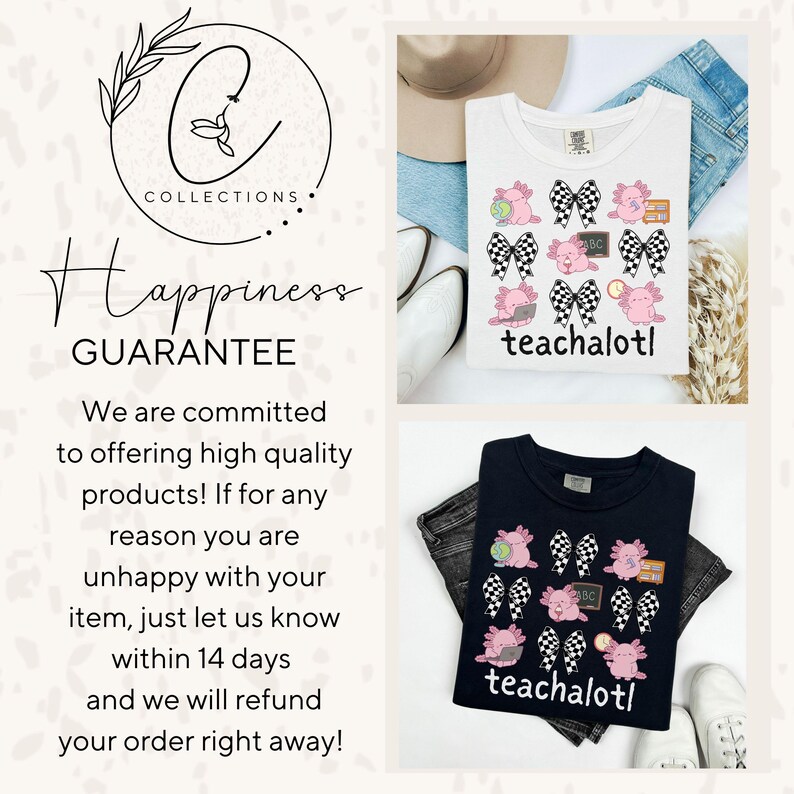 May include: White and navy blue t-shirts featuring a cartoon axolotl design, checkered bows, and the text "teachalot!". The shirts are shown with jeans and shoes, suggesting a relaxed aesthetic.