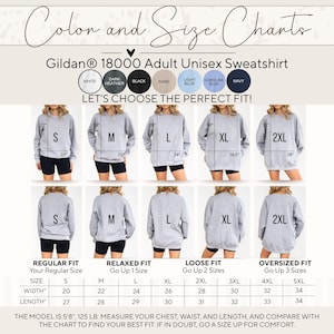 May include: A Gildan 18000 adult unisex sweatshirt color and size chart. It displays seven color circles, five front and back views of grey sweatshirts labeled S to 2XL with width and length in inches, and a table listing sizes S to 5XL.
