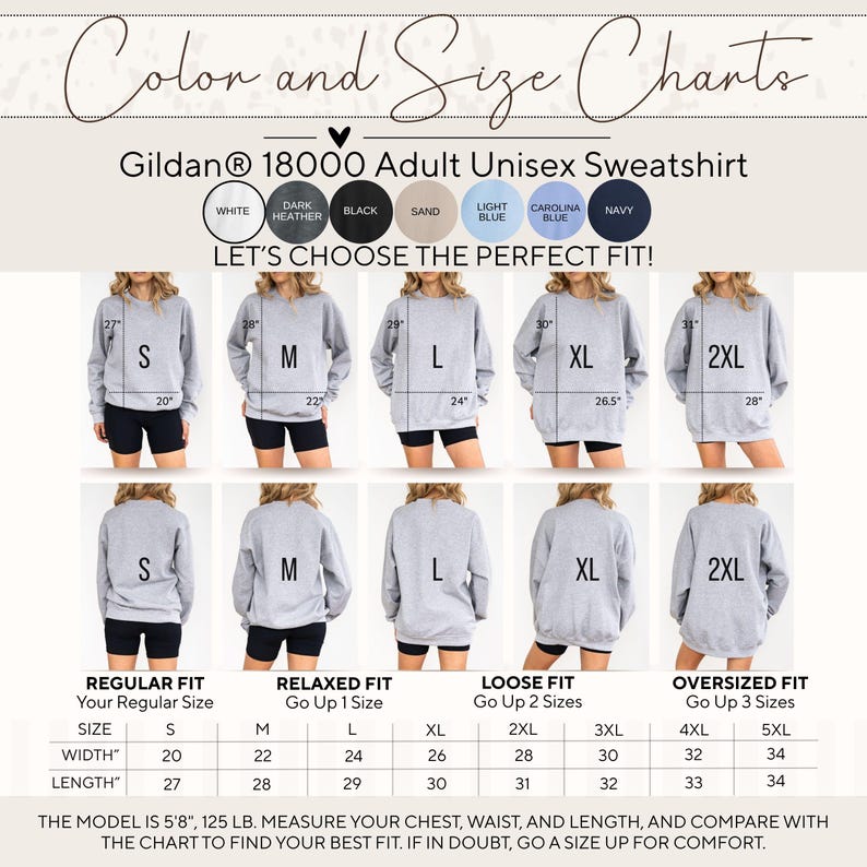 May include: A Gildan 18000 adult unisex sweatshirt color and size chart. It displays seven color circles, five front and back views of grey sweatshirts labeled S to 2XL with width and length in inches, and a table listing sizes S to 5XL.