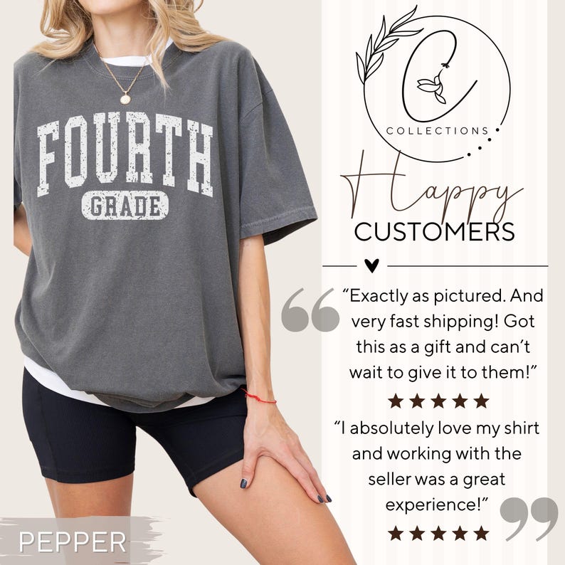 May include: A charcoal gray short-sleeve t-shirt featuring the white distressed text "FOURTH GRADE" on the chest. The shirt is worn over a white undershirt and paired with black shorts. The image includes a logo and customer review text.