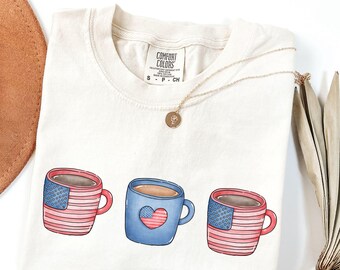 Comfort Colors® 4th of July Shirt, Coffee Lovers Independence Day Tshirt, Patriotic T-Shirt, USA Coffee Shirt, America Tee, Red White Blue