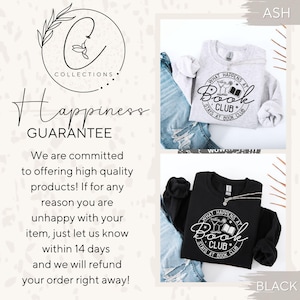 May include: Ash and black sweatshirts with the text "What Happens at Book Club Stays at Book Club" in a circular design. The sweatshirts are displayed with jeans. The image also includes the "C Collections" logo and a guarantee.