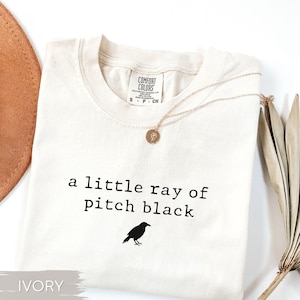 May include: Ivory-colored t-shirt with the phrase "a little ray of pitch black" and a crow graphic. A gold necklace with a pendant rests on the shirt. The shirt is labeled "Comfort Colors".