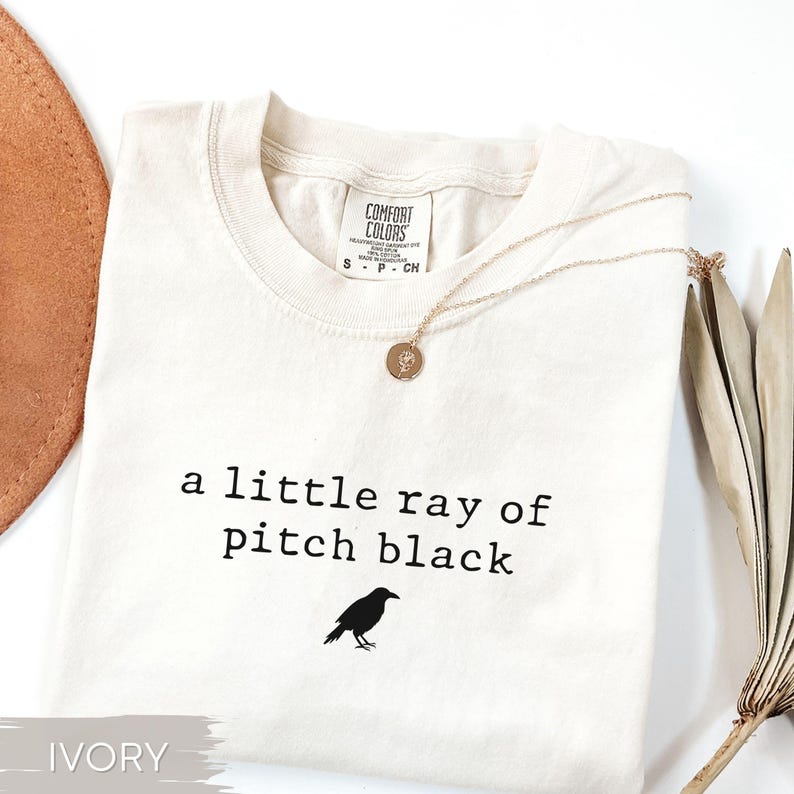 May include: Ivory-colored t-shirt with the phrase "a little ray of pitch black" and a crow graphic. A gold necklace with a pendant rests on the shirt. The shirt is labeled "Comfort Colors".