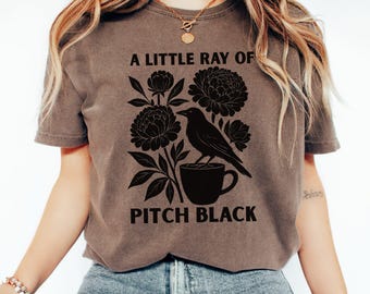 Vintage Linocut Flower Shirt, Comfort Colors Bird Shirt, Ranunculus Woodcut Stamp Raven Crow Funny Coffee Tee, A Little Ray of Pitch Black