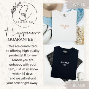 May include: White and black t-shirts with the word "mama" and a pumpkin graphic embroidered on the front. The image includes the text "Happiness Guarantee" and "We are committed to offering high quality products!"