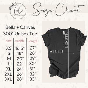 May include: Size chart for a Bella + Canvas 3001 Unisex Tee, showing measurements in inches for width and length for sizes XS to 3XL.