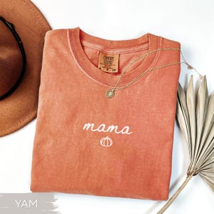 May include: A coral-coloured t-shirt with the word "mama" embroidered in white, and a pumpkin graphic. A gold necklace with a pendant rests on the shirt. The shirt is folded, and a brown hat is partially visible.