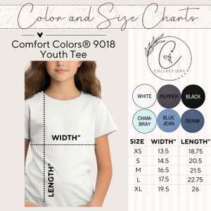 May include: A Comfort Colors 9018 youth tee size and color chart. The graphic displays a white t-shirt with width and length measurement lines. A table lists sizes XS through XL with corresponding width and length measurements in inches.