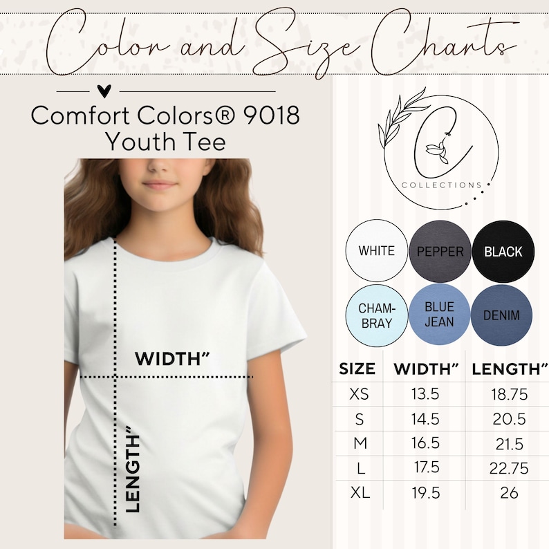 May include: A Comfort Colors 9018 youth tee size and color chart. The graphic displays a white t-shirt with width and length measurement lines. A table lists sizes XS through XL with corresponding width and length measurements in inches.