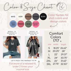 May include: Color and size chart for Comfort Colors 1717 shirts. Includes color swatches in white, ivory, espresso, pepper, black, blue jean, crimson, moss, and crunch-berry. Size chart with measurements in inches for sizes S through 3XL. Models wearing M and XL.