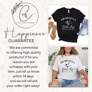 May include: Two grey and black t-shirts with the text "Oh Sip It's a Girls Trip Napa Valley 2025" and a graphic of a wine bottle and glasses. The shirts are shown on models wearing jeans.
