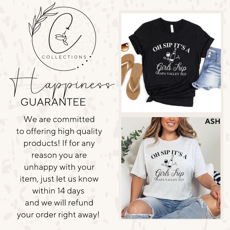 May include: Two grey and black t-shirts with the text "Oh Sip It's a Girls Trip Napa Valley 2025" and a graphic of a wine bottle and glasses. The shirts are shown on models wearing jeans.