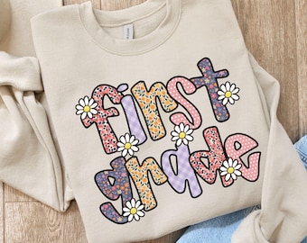 Floral First Grade Teacher Sweatshirt: 1st Grade Bubble Patterned Retro Teacher Sweater