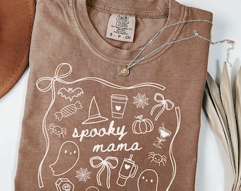 Halloween Mama Shirt, Comfort Colors Halloween Spooky Mama TShirt, Halloween Mom Gift, Doodle Mama Shirt, Coquette Bow Mama Halloween Shirt