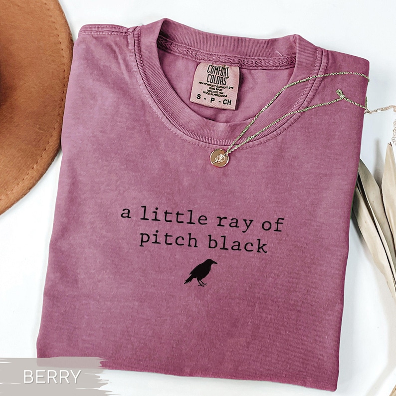 May include: Berry-colored t-shirt with the phrase "a little ray of pitch black" and a small raven graphic. The shirt has a crew neck and short sleeves. A gold necklace with a pendant is draped on the shirt.