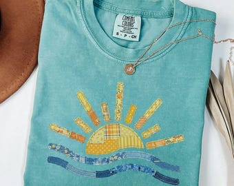 Summer Shirt, Faux Patchwork Beach Sweatshirt, Comfort Colors Vacation Tee, Sunshine Shirt, Vintage Beach Sun Shirt, Coastal Beachy Apparel