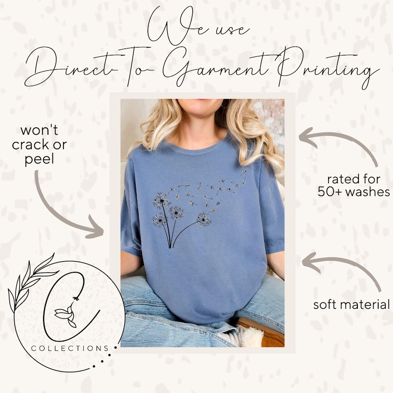 May include: A blue t-shirt with a black dandelion graphic. The text "We use Direct To Garment Printing" is at the top of the image. The text "won't crack or peel" is on the left side of the image. The text "rated for 50+ washes" is on the right side of the image. The text "soft material" is at the bottom right of the image.
