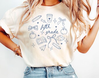 Fifth Grade Teacher Shirt, Comfort Colors 5th Grade minimalist doodle t-shirt, Back to School Shirt, New Teacher Gift, Coquette Teacher Tee