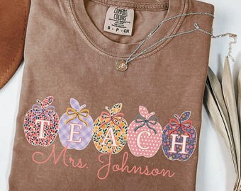 Personalized Floral Teach Shirt: Comfort Colors Vintage Apple Patterned Coquette Custom Teacher Fall T-Shirt