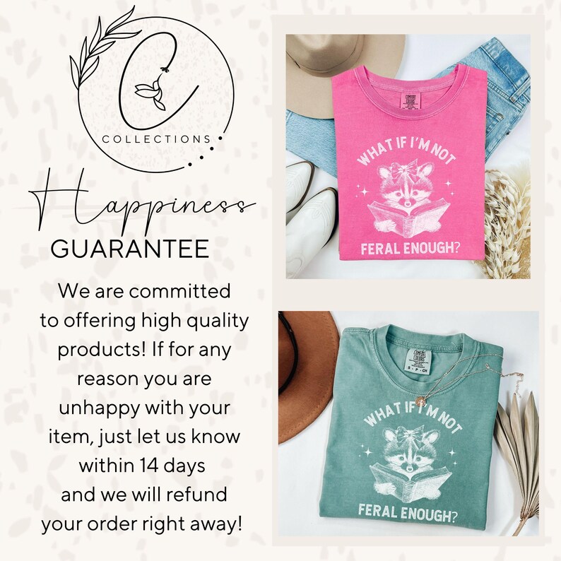 May include: Two t-shirts with a raccoon graphic and the text "What if I'm not feral enough?" One shirt is pink and the other is teal.