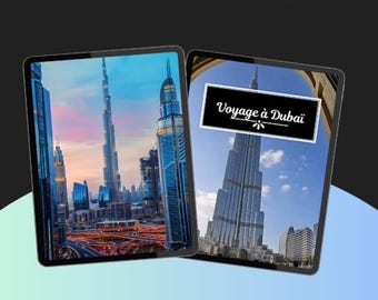 May include: Two images of Dubai, United Arab Emirates. The first image shows a cityscape with the Burj Khalifa in the background. The second image shows a close-up of the Burj Khalifa. The text "Voyage à Dubaï" is superimposed on the second image.