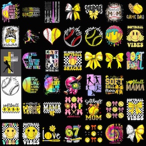 Puede incluir: Una colección de diseños con temática de softbol sobre un fondo negro. Los diseños incluyen gráficos de softbol, lazos, texto y caras sonrientes. La paleta de colores incluye amarillo, rosa y negro.