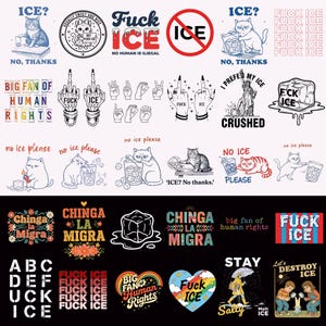 Puede incluir: Una colección de diseños gráficos con varios textos e ilustraciones. Los diseños incluyen un gato con el texto "ICE? No, thanks", una mano con el texto "FUCK ICE" y un arcoíris con el texto "Big Fan of Human Rights."