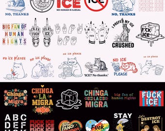 Pacote com 30 imagens PNG de protesto contra o ICE, incluindo "Foda-se o ICE" (em PNG), "Nenhum ser humano é ilegal" (em PNG), "Ativista pelos direitos humanos", "Resistência derrete o gelo" (em PNG), "Fora daqui!"