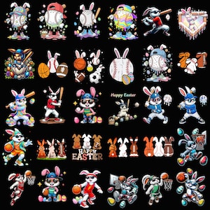 Puede incluir: Una colección de ilustraciones de dibujos animados con conejitos de Pascua practicando varios deportes, incluyendo béisbol y baloncesto. Los conejos están representados con bates de béisbol, balones de baloncesto y huevos de Pascua, sobre un fondo negro.