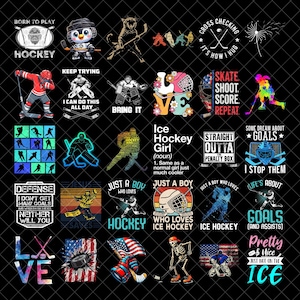 Puede incluir: Una colección de gráficos con temática de hockey sobre un fondo negro. Los diseños incluyen jugadores de hockey, discos, cascos y texto como "Hockey", "Goals" e "Ice Hockey Girl". Se utilizan varios colores, con algunos diseños con la bandera estadounidense.