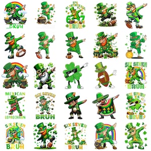 Puede incluir: Una colección de gráficos temáticos del Día de San Patricio con duendes, tréboles y balones de fútbol americano. Los duendes se representan en varias poses, algunos haciendo dab, con ollas de oro y arcoíris. El texto incluye "BRUH", "MEXICAN LEPRECHAUN", y "SIX SEVEN BRUH".