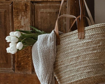 Handwoven Moroccan Straw Market Basket with Leather Handles | French Market Bag | Eco-Friendly Boho Beach Tote | Handmade Palm Leaf Bag