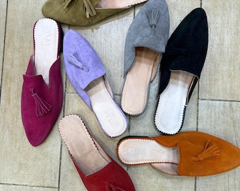 Handmade Moroccan Suede Babouche Shoes: Tasseled Leather Mules